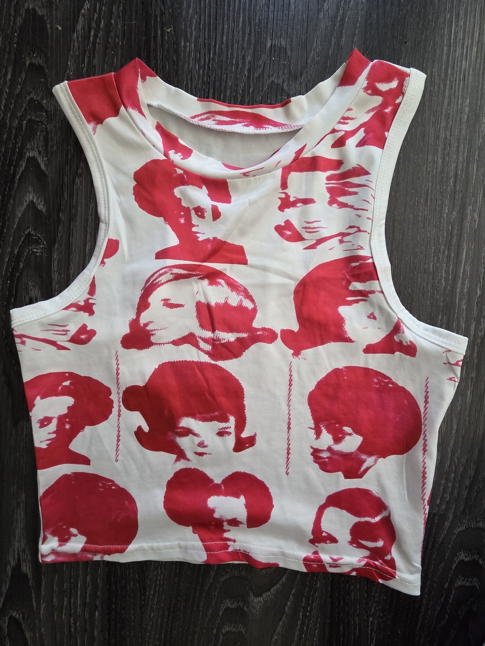 Pop Art Graphic Crop Tank Top Red White Retro Faces Sleeveless